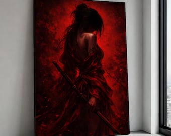 Mysterious Samurai Woman Canvas Art, Red Kimono Warrior Portrait, Tattooed Female Print
