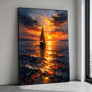 Puede incluir: Pintura al óleo enmarcada que representa un velero en el océano al atardecer. El cielo está lleno de nubes naranjas, amarillas y azul oscuro. El agua refleja la puesta de sol, con reflejos brillantes naranjas y amarillos.