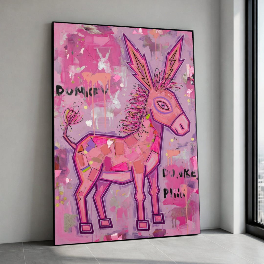 Pink Denkat Bright Pink Donkey Canvas Wall Art, Colorful Animal Painting, Modern ...