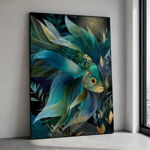 Elegant Blue Betta Fish Canvas, Aquatic Wall Art, Gold Accent Marine Decoration, Tropical Fish Canvas, Home Wall Art Design Canvas Print Art
