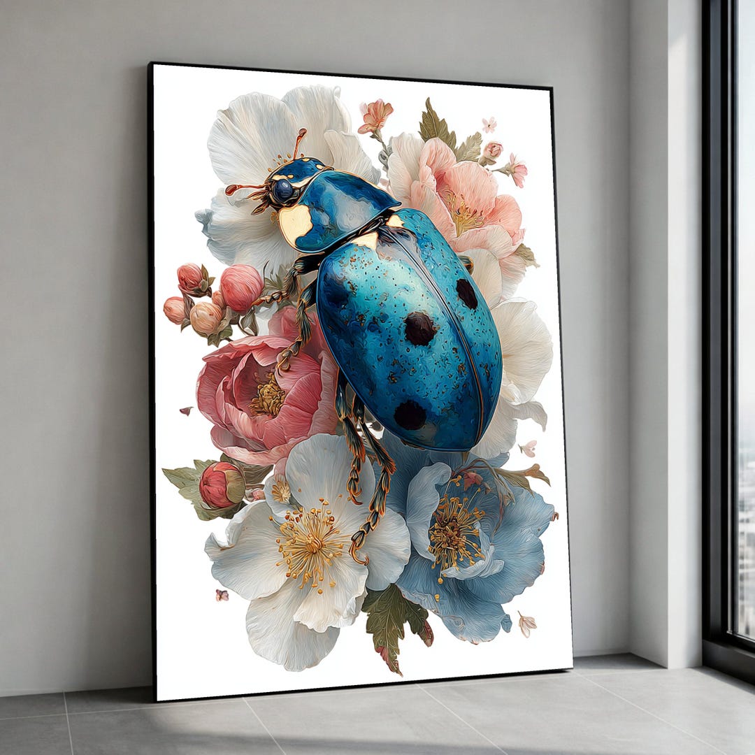 Blue Ladybug on Floral Bouquet Canvas, Nature Insect Wall Art ...