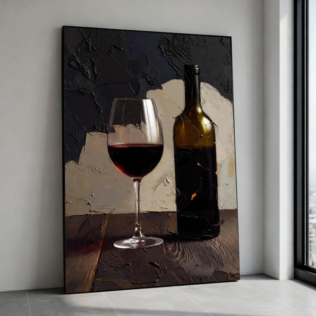 Red Wine Glass and Bottle Textured Canvas Art, Rustic Still Life Wall ...
