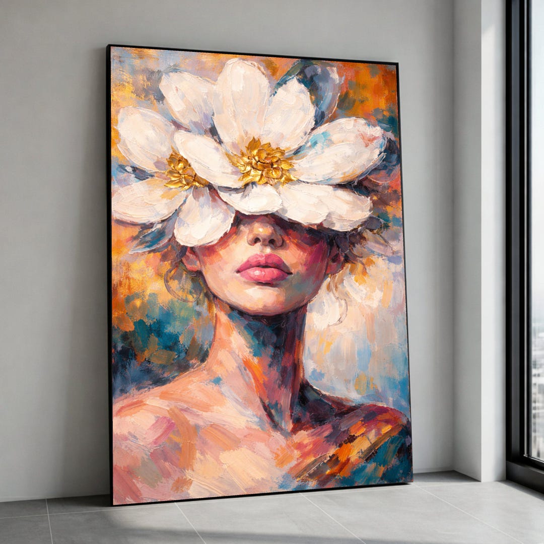 Abstract Woman Portrait With Large White Flowers Canvas, Floral Face ...