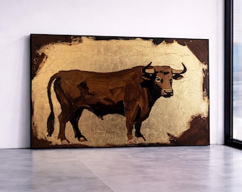 Rustic Bull Canvas Wall Art, Farm Animal Painting, Brown Ox Canvas, Country Living Wall Decor, Animal Art, Ready to Hang Canvas Print Art