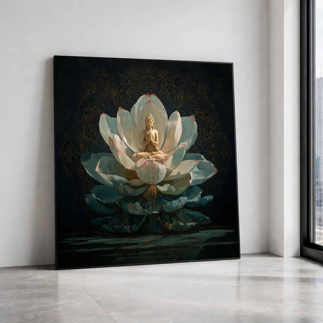 Serene Buddha Statue on Lotus Flower Canvas, Spiritual Meditation Wall ...