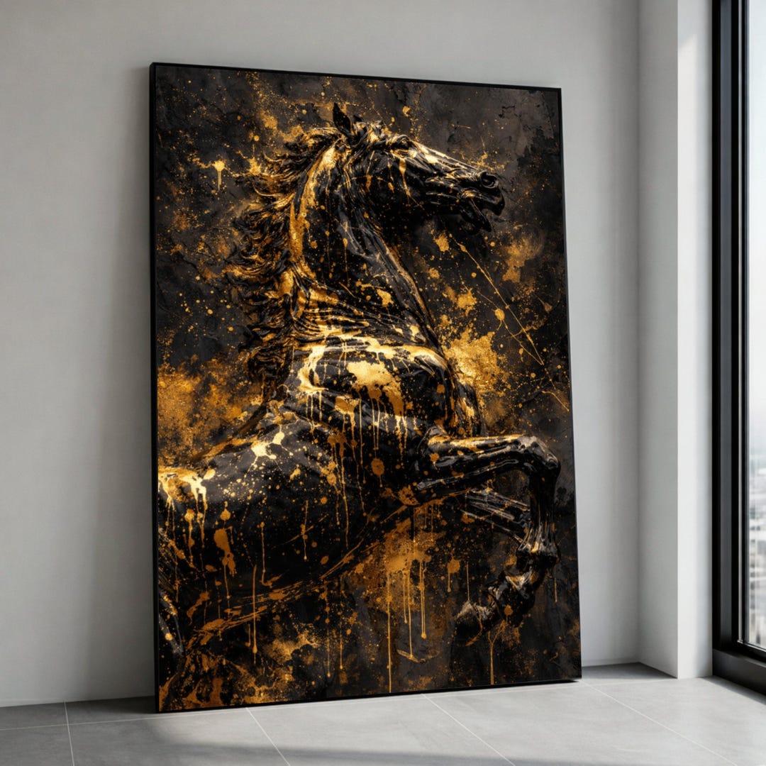Majestic Black Horse Canvas Wall Art, Abstract Gold Splash Painting ...