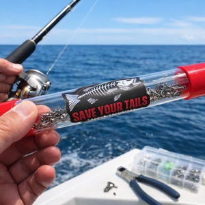 May include: A clear plastic tube with a red cap, filled with small metal fishing tackle. The tube has a label with a fish skeleton graphic and the text "SAVE YOUR TAILS". A fishing rod and reel are in the background.