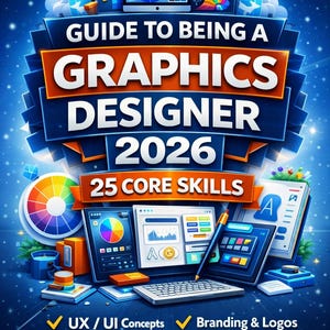 May include: A book cover titled "Guide to Being a Graphics Designer 2026" with a blue and orange design. The cover features illustrations of design tools, a colour wheel, and computer screens. The book highlights 25 core skills, including UX/UI, branding, and 3D motion.