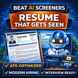 May include: An advertisement with the text "BEAT AI SCREENERS RESUME THAT GETS SEEN." The image features a resume template, a robot, and the words "ATS-OPTIMIZED," "MODERN HIRING," and "INTERVIEW READY."