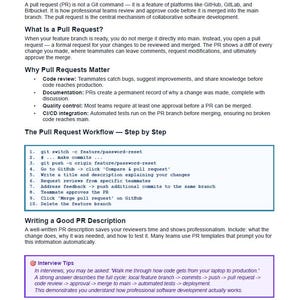 Może przedstawiać: Strona z przewodnika po tworzeniu oprogramowania zatytułowana "Przepływ pracy żądania ściągnięcia". Tekst wyjaśnia żądania ściągnięcia, ich znaczenie i instrukcję krok po kroku. Zawiera wskaz&oacute;wki dotyczące rozm&oacute;w kwalifikacyjnych i listę poleceń.