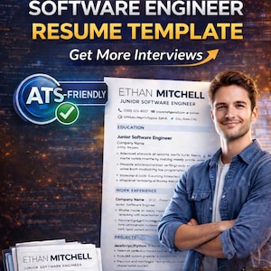 Op de afbeelding: Een cv-sjabloon voor een software-engineer met de tekst "SOFTWARE ENGINEER RESUME TEMPLATE" en "Get More Interviews". De sjabloon bevat een foto van een lachende man en een voorbeeld-cv met de naam "Ethan Mitchell".