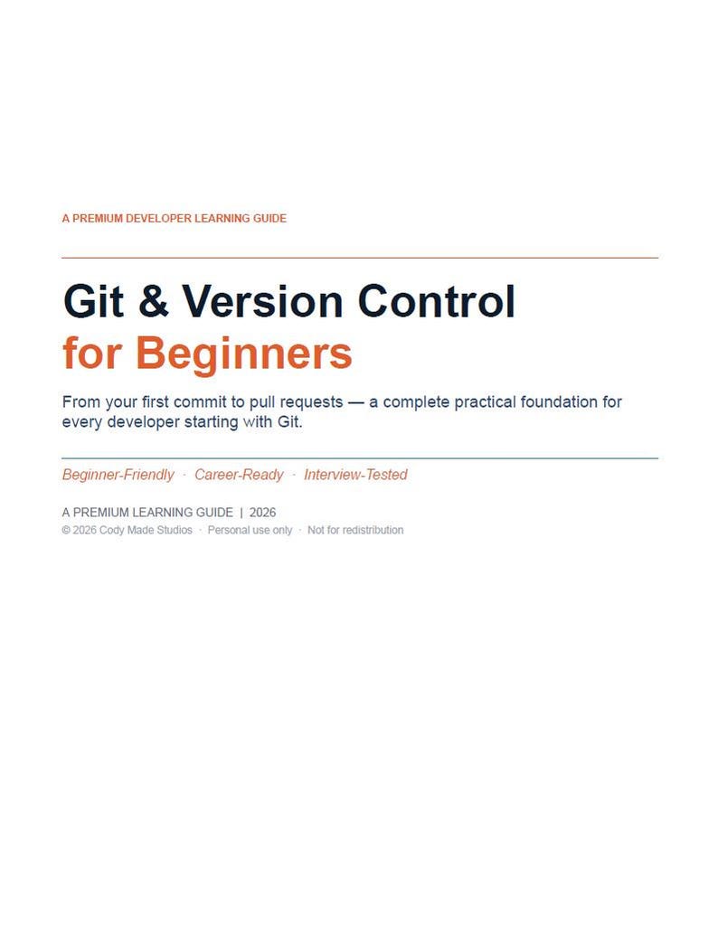 Może przedstawiać: Biała okładka książki z tytułem "Git & Version Control for Beginners" dużym, pogrubionym czarnym tekstem. Okładka zawiera r&oacute;wnież tekst "A PREMIUM DEVELOPER LEARNING GUIDE" i "Beginner-Friendly Career-Ready Interview-Tested."