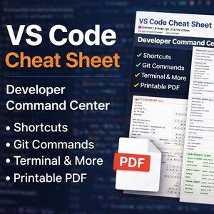 Może przedstawiać: VS Code Cheat Sheet zatytułowany "VS Code Cheat Sheet" i z podtytułem "Developer Command Center". Zawiera skr&oacute;ty, polecenia Git, polecenia terminala i jest plikiem PDF do wydruku. Ikona PDF jest czerwono-biała.