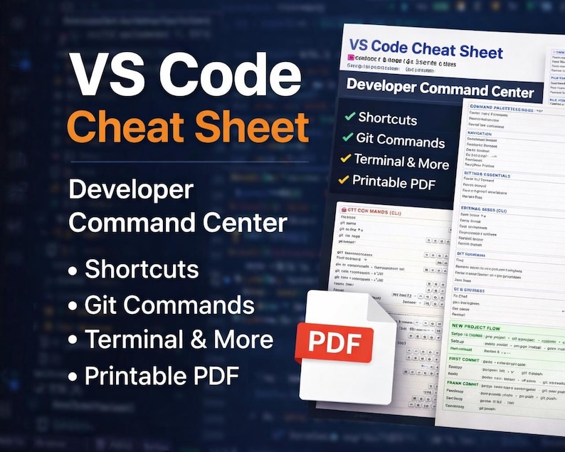 Może przedstawiać: VS Code Cheat Sheet zatytułowany "VS Code Cheat Sheet" i z podtytułem "Developer Command Center". Zawiera skr&oacute;ty, polecenia Git, polecenia terminala i jest plikiem PDF do wydruku. Ikona PDF jest czerwono-biała.
