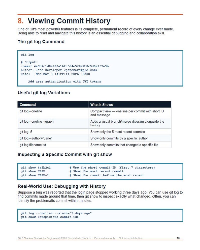 Może przedstawiać: Strona z samouczka Git zatytułowana &bdquo;Viewing Commit History&rdquo;. Zawiera fragmenty kodu dla poleceń git log i ich wariant&oacute;w, z objaśnieniami. Strona pokazuje r&oacute;wnież przykłady inspekcji konkretnych zatwierdzeń i debugowania z historią.