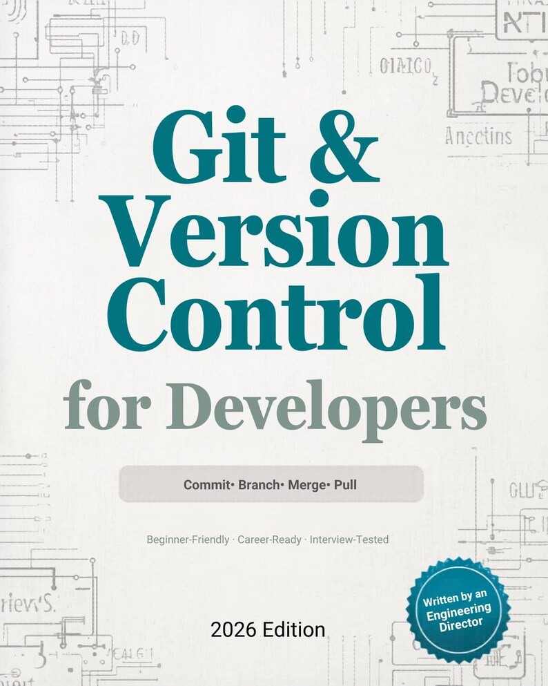 Może przedstawiać: Okładka książki z tytułem "Git & Version Control for Developers" w kolorze morskim. Okładka zawiera tekst "Commit, Branch, Merge, Pull" i "2026 Edition". Odznaka głosi "Written by an Engineering Director".