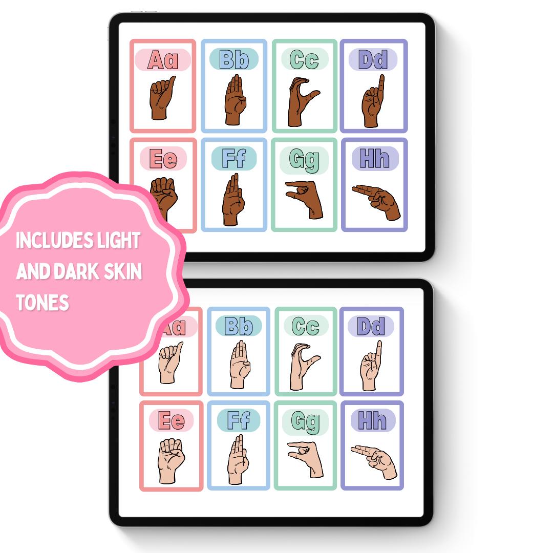 ASL Alphabet Flashcards – Printable Sign Language A‑Z Cards (2 Skin ...