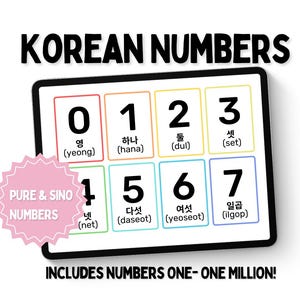 May include: A digital display showing Korean numbers 0-7, with both pure and Sino number systems. The display includes the text "KOREAN NUMBERS" and "INCLUDES NUMBERS ONE- ONE MILLION!" in black font. Each number is in a different colored box.