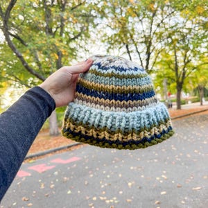 May include: A chunky knit beanie featuring a folded brim and a multi-colored striped pattern in shades of light blue, dark blue, olive green, and cream. The hat is constructed with thick yarn in a ribbed stitch pattern, creating a textured appearance.