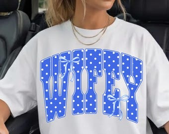 Wifey PNG: Blue Polka Dot Wifey PNG, Varsity Wifey Shirt Design, Gift for Wifey, Bride Sublimation Design