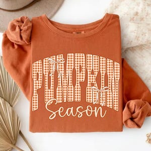 May include: A burnt orange long-sleeve crewneck sweatshirt featuring the text PUMPKIN SEASON in a white and orange gingham pattern. The word PUMPKIN is written in a large, bold, arched font with two small white bows integrated into the lettering.
