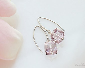 Mystic Pink Quartz Earrings, Pink Cube Gemstone Earrings, Simple Earrings Small Pink Earrings