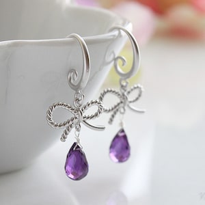 Promise Bow & Amethyst Earrings, February Birthstone, Valentines Day Gifts