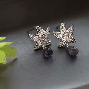 Happy Star Earrings, CZ Earrings,  Iolite Earrings, Wedding Jewelry, Spring Weddings, September Birthstone