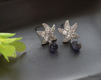 Happy Star Earrings, CZ Earrings,  Iolite Earrings, Wedding Jewelry, Spring Weddings, September Birthstone