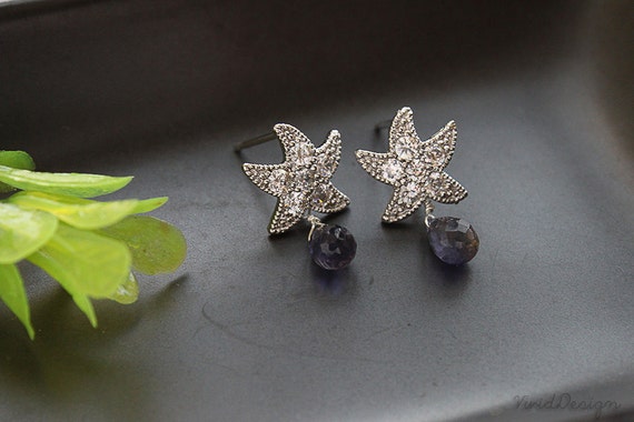Happy Star Earrings, CZ Earrings,  Iolite Earrings, Wedding Jewelry, Spring Weddings, September Birthstone