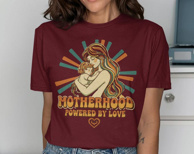 Motherhood Powered by Love T-Shirt | Retro 70s Mom Baby Graphic Tee