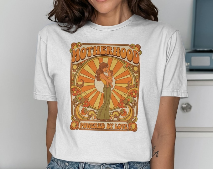 Motherhood Powered By Love T-Shirt, Retro Mama Tee, Groovy 70s Boho Style