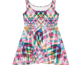 Colorful Geometric Plaid Skater Dress | Abstract Watercolor Pattern