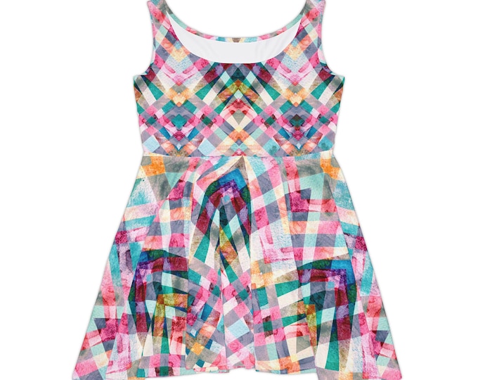 Colorful Geometric Plaid Skater Dress | Abstract Watercolor Pattern