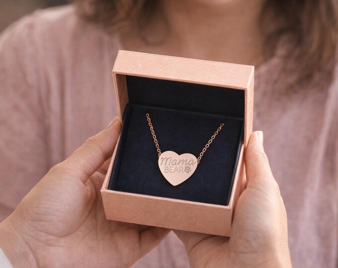 Mama Bear Heart Necklace | Engraved Heart Pendant