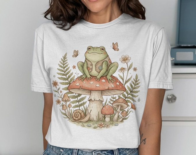 Cottagecore Frog Mushroom T-Shirt, Whimsical Woodland Nature Art Tee