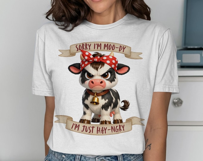 Grumpy Cow T-Shirt, Funny Hay-Ngry Calf Tee, Polka Dot Bandana Top