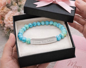 Engraved Personal Message Morse Code Bar Bracelet Natural Stone Stretch