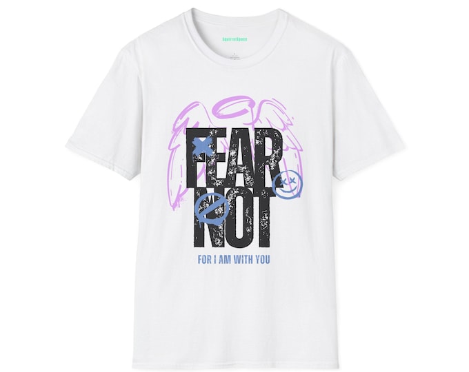 Fear Not angel wings graphic T-Shirt | faith typography, blue accents