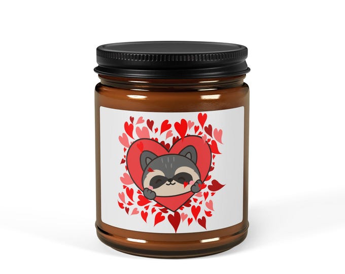 Raccoon Heart Candle, Kawaii Animal Lover Gift, Cozy Home Decor, Valentine's Day Present
