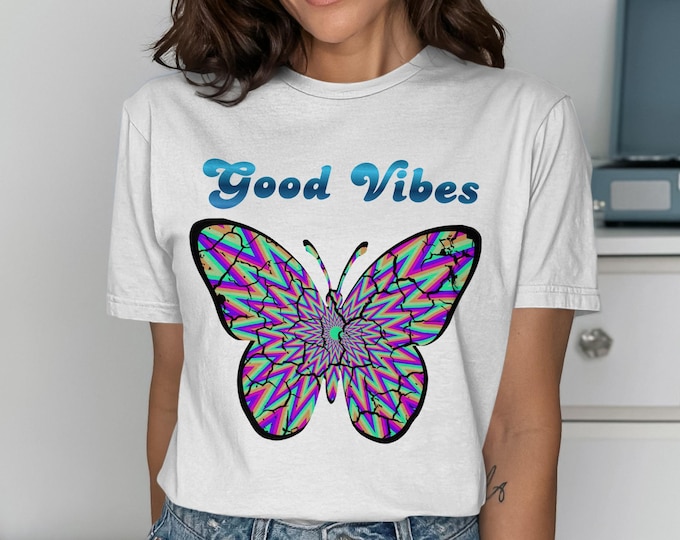 Good Vibes Butterfly T-Shirt, Psychedelic Optical Illusion Tee, Vibrant Abstract Art