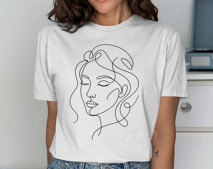 Minimalist Line Art Woman Face T-Shirt, Abstract Continuous Line Drawing Tee