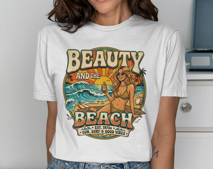 Retro 70s Beach Girl T-Shirt, Sun Surf Good Vibes Graphic Tee