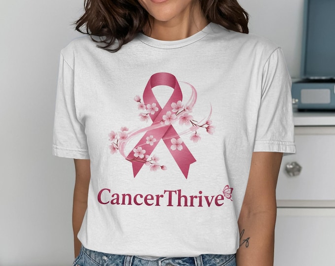 Cancer Thrive Pink Ribbon T-Shirt, Cherry Blossom Awareness Tee