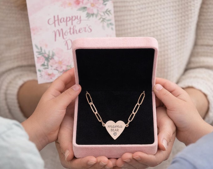 Engraved Paperclip Heart Necklace | Mama Bear Pendant, Rose Gold Finish