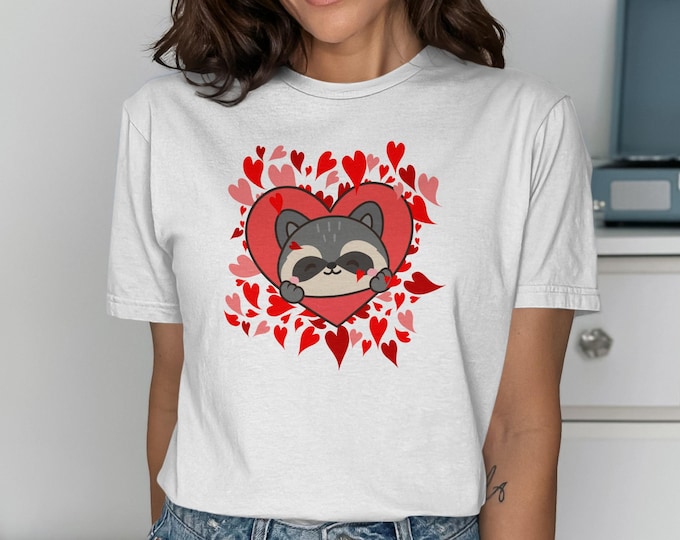 Raccoon Heart T-Shirt, Cartoon Animal Love Graphic Tee, Valentine Apparel