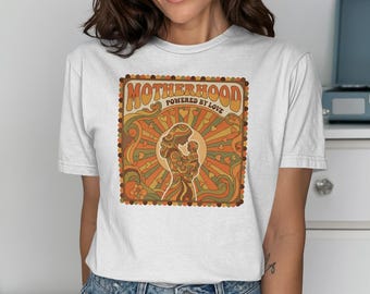 Retro Motherhood Powered By Love T-Shirt, Groovy 70s Mama Tee, Boho Expecting Apparel