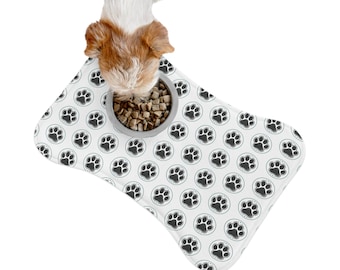 Tappetino per la pappa degli animali domestici con motivo a impronte di zampe nere / Tovaglietta antiscivolo a forma di osso