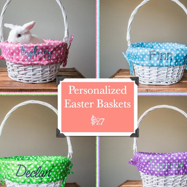 ON SALE! Personalized Easter Baskets Kids Monogrammed Painted White Willow Pink, Purple, Green, Blue Polka dot Baby Boy Girl