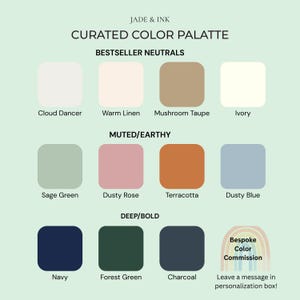 May include: A curated color palette graphic by Jade & Ink, featuring squares of color swatches. The palette includes neutral, muted, and deep/bold color categories. Text includes color names like "Cloud Dancer," "Sage Green," and "Navy."